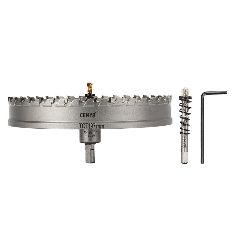cenyb 7-3/4" (197mm) Tungsten Carbide Tipped Hole Saw with 2Pcs Titanium-Plated Pilot Drill Bits for Hard Metal,Stainless Steel,Iron,Aluminum Alloy,Wood and Plastic - Image 1